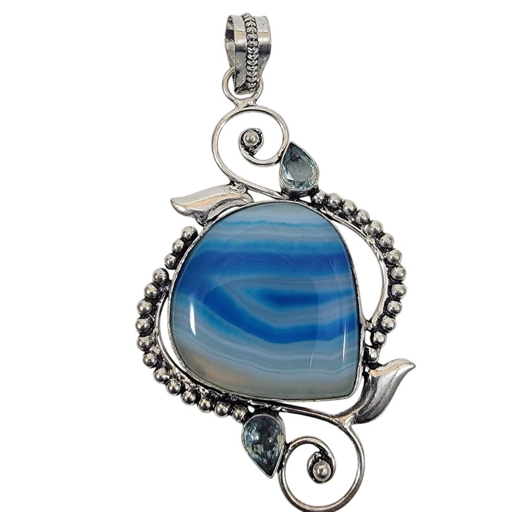 Handmade Blue Agate Pendant with Sterling Silver and Sky Blue Topaz Accents